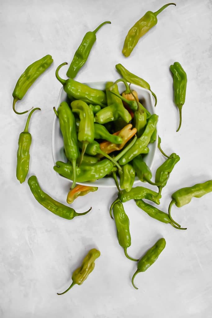 shishito peppers in white basket on grey background