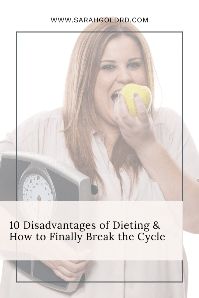 woman eating apple holding a scale with words the 10 disadvantages of dieting and how to finally break the cycle