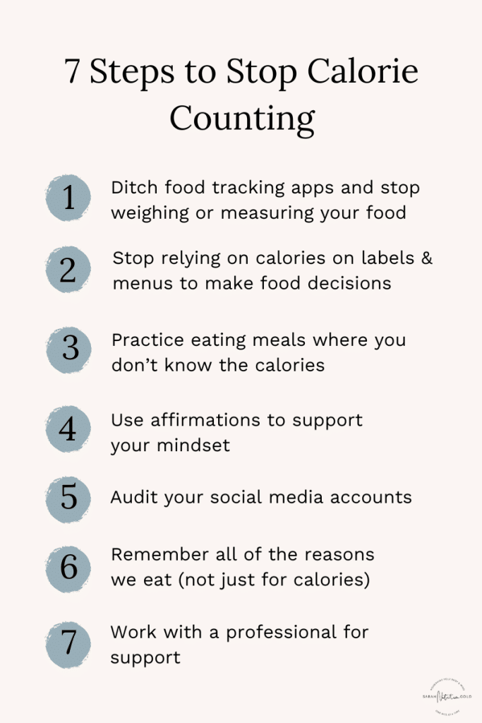 pink background with the 7 steps to stop calorie counting listed in order from 1 to 7