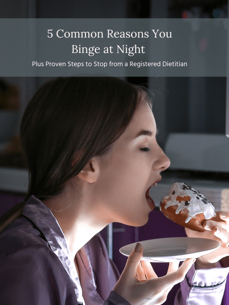 person in fridge eating donut at night with title of post overlay.